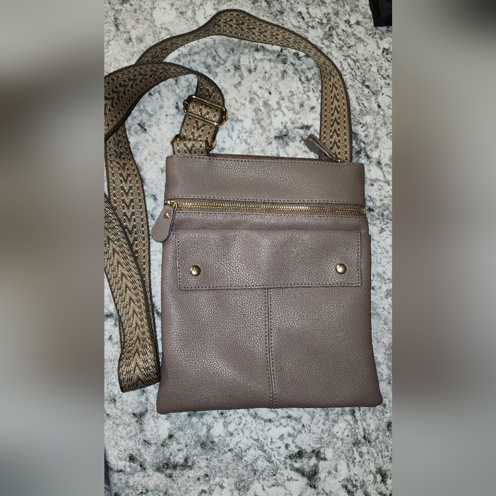 Blush Taupe Crossbody Bag with Patterned Strap